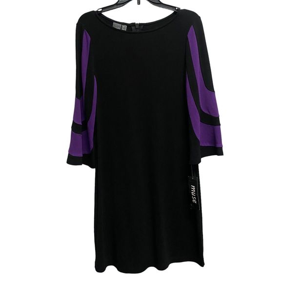 Muse Dresses & Skirts - Muse Women’s Sz 10 Shift Black Purple 3/4 Sleeve Dress Casual Silhouette NEW